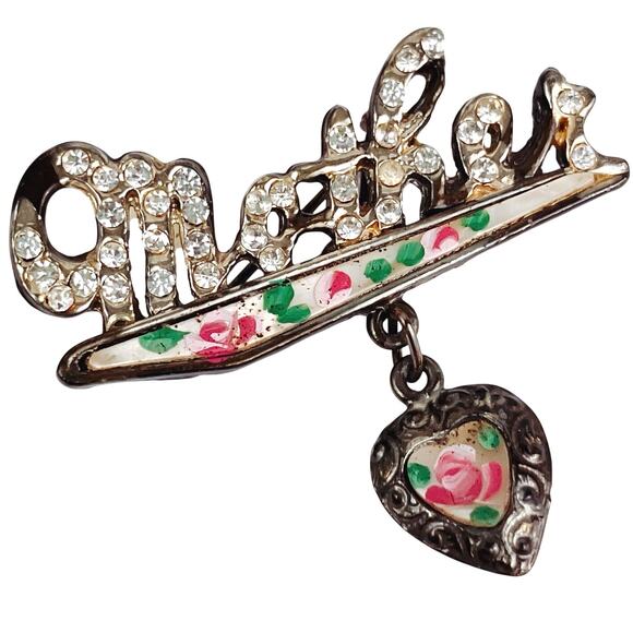VTG 1940s Mother Brooch Rhinestone Enamel Painted Rose Heart WWII Sweetheart Pin - Picture 1 of 11